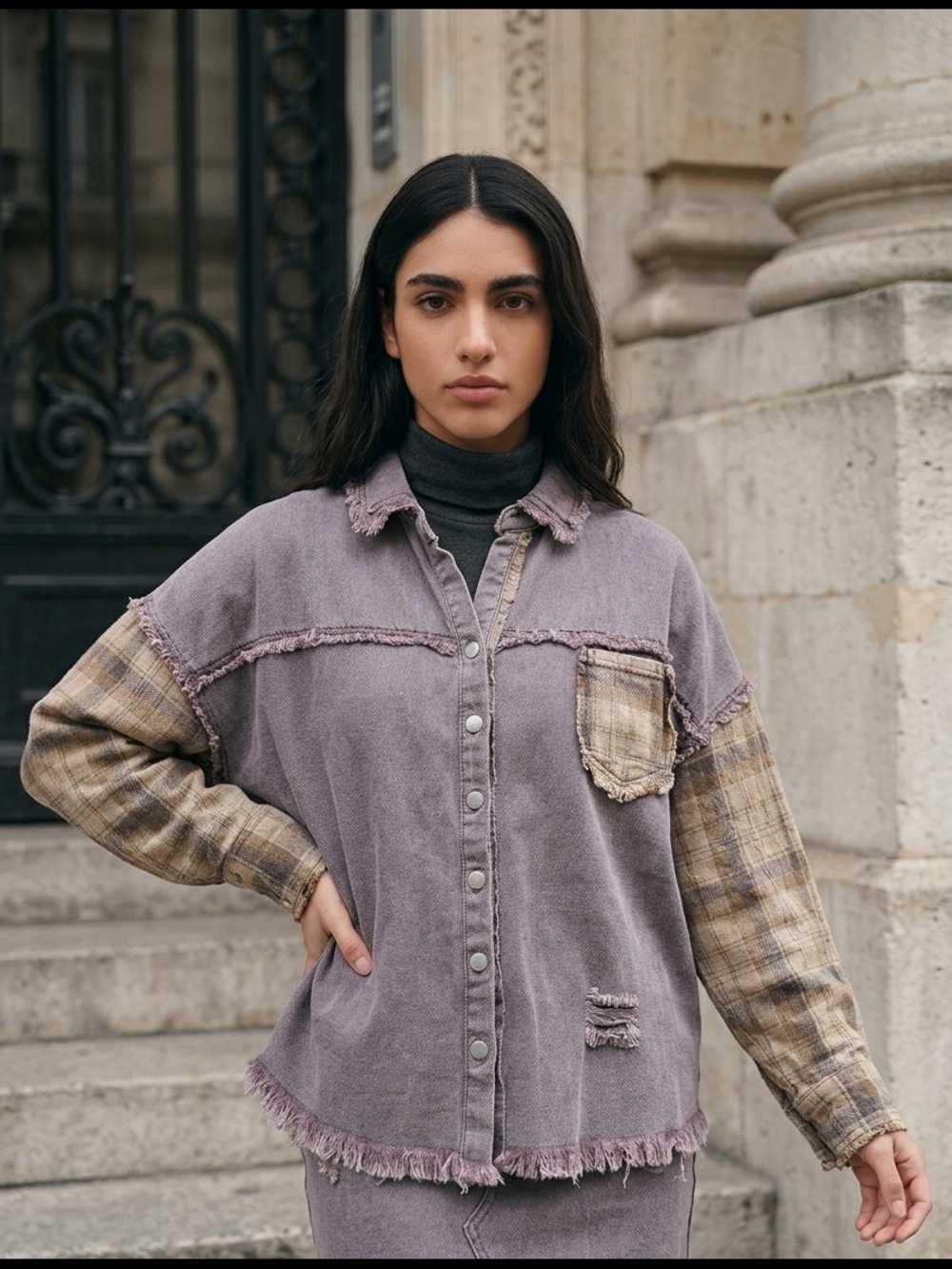 POL Lavender Washed Patchwork Jean Jacket with Plaid Sleeves